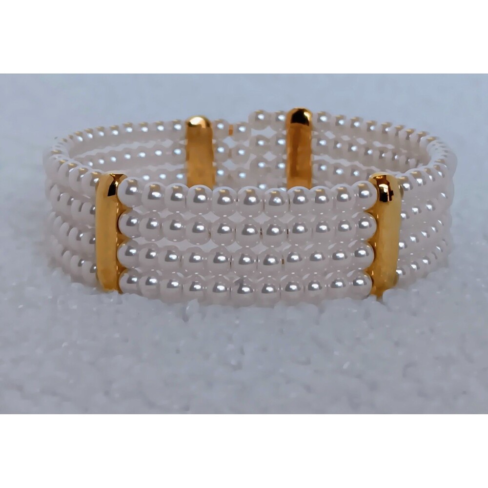 Vintage 4 Strand Faux Pearl Goldtone Tension Cuff Bracelet 7.5 in